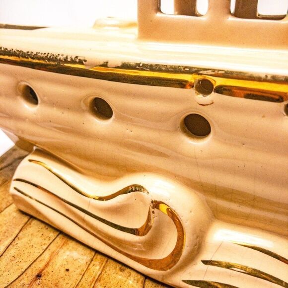 MCM Ceramic Sailboat TV Lamp Beige/Gold Detail 1950’s - Picture 5 of 12